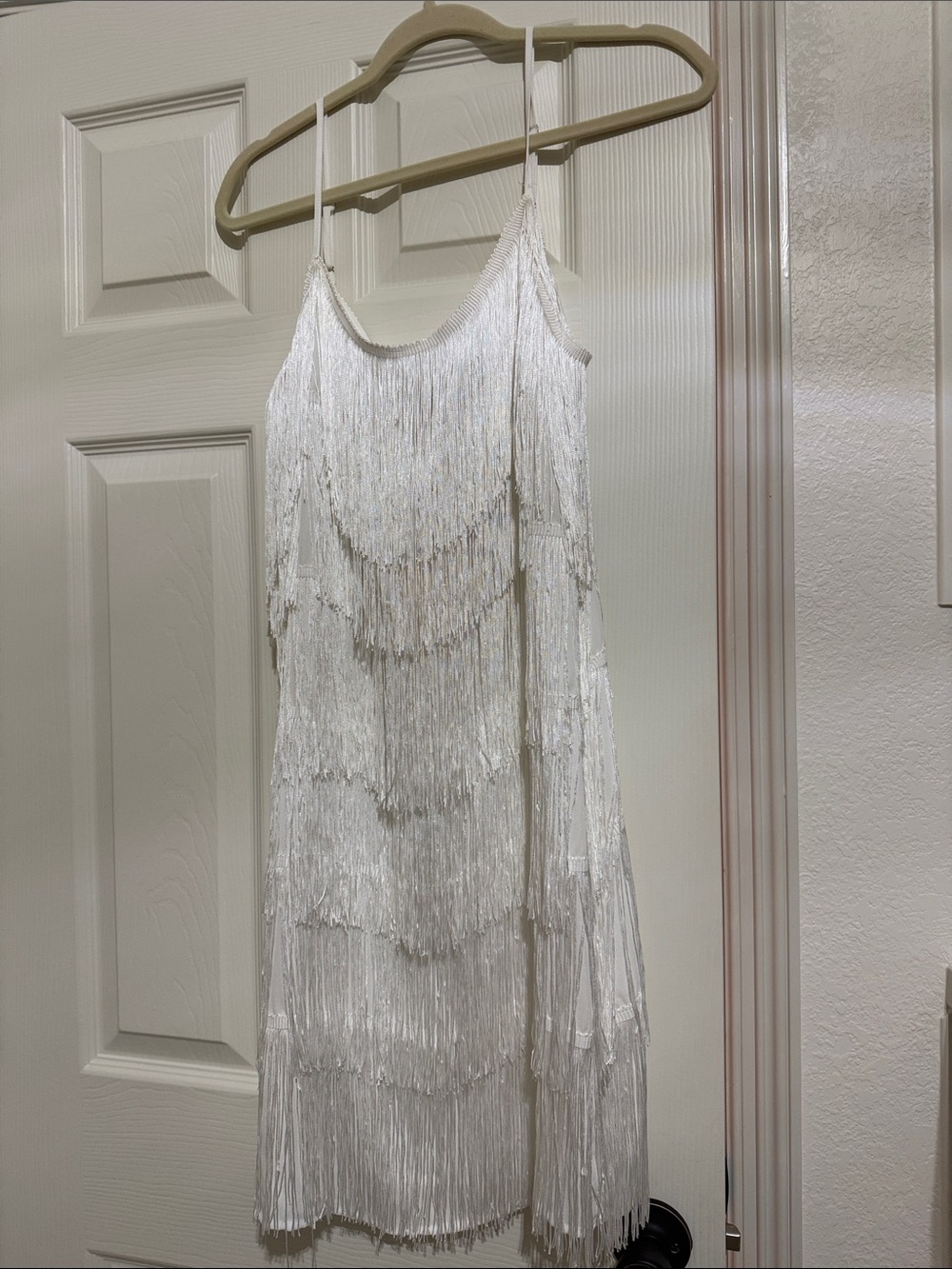 Vine and Love, White Fringe Mini Dress with Spaghetti Straps